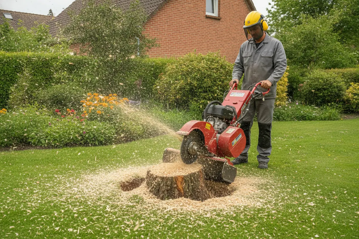 Rognage de souche dans un jardin fontainois