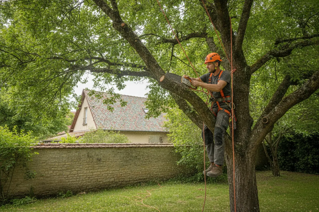Élagueur taillant un arbre à Fontaine-lès-Dijon